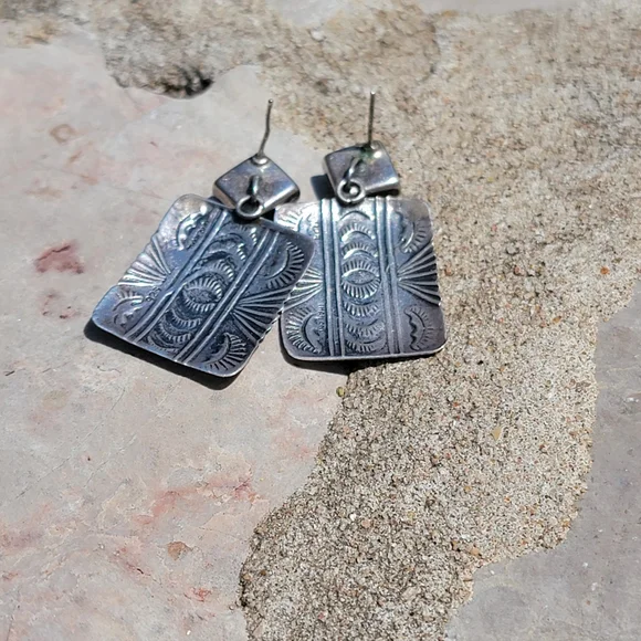 Turquoise Stone and Stamped Silver Square Drop Earrings - Picture 3 of 4
